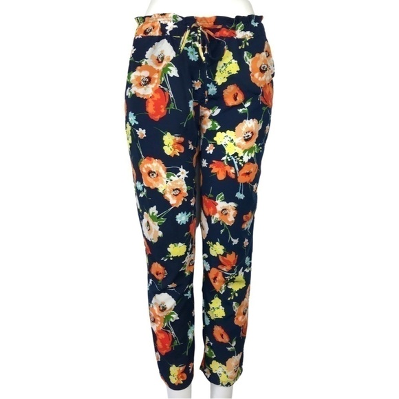 Beautiful Floral pants navy casual lounge lightweight ankle crop hight waist - Picture 2 of 8
